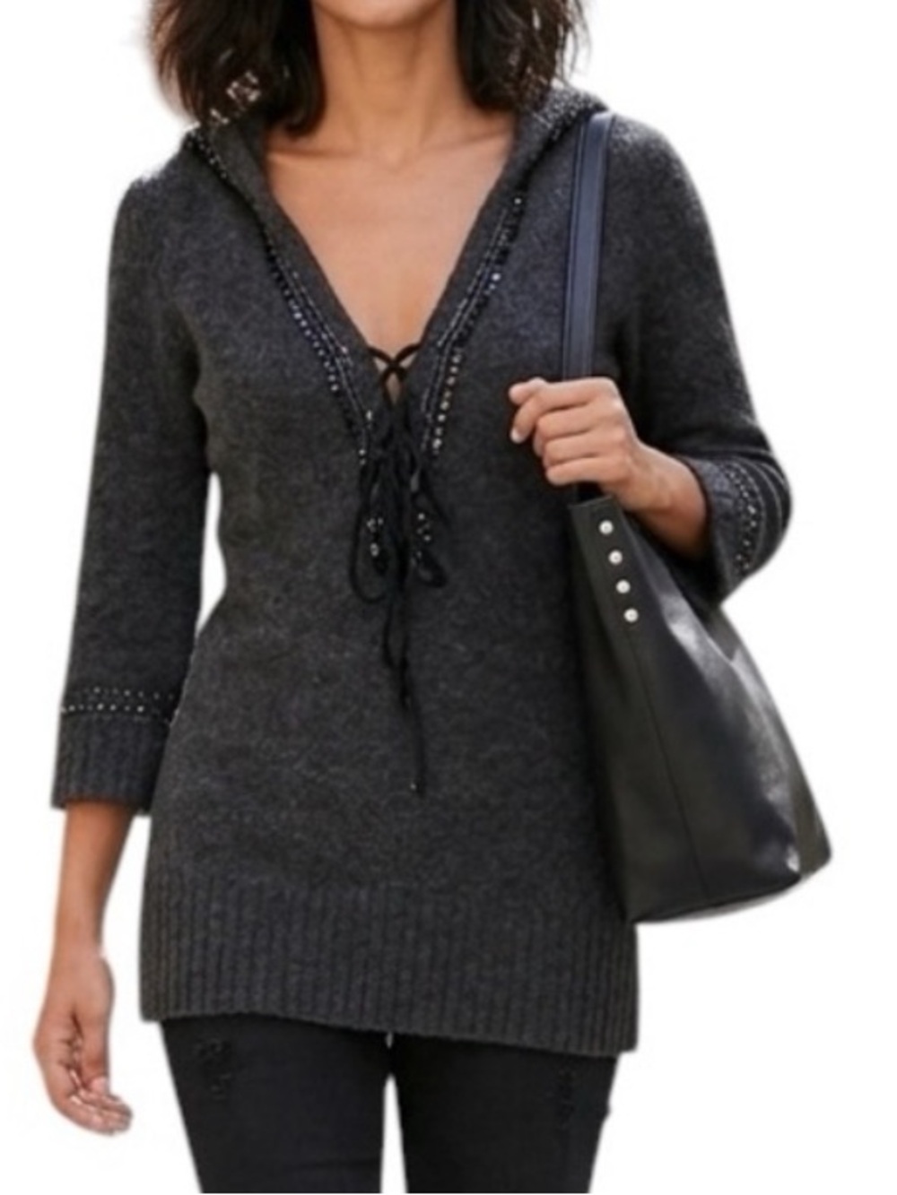 BKE Beaded Sequined V Neck Hooded Wool Sweater Y2K grunge Size Large
